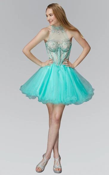 Tulle Ruffled A-Line Short Dress with High Neck Prom Dress