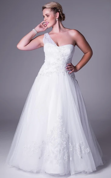 One-Shoulder Tulle Wedding Dress with Appliques Plus Size A-Line Maxi