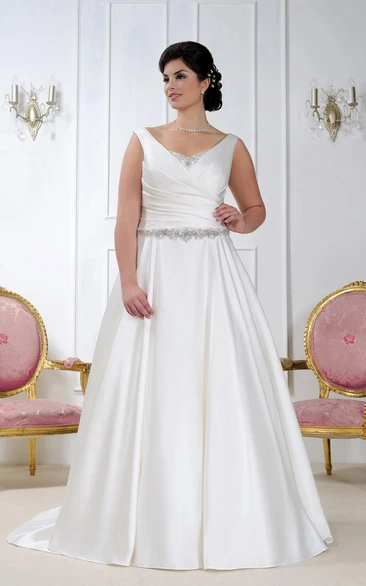 Strapless Satin Wedding Dress With Ruched Bodice and Jeweled Waist