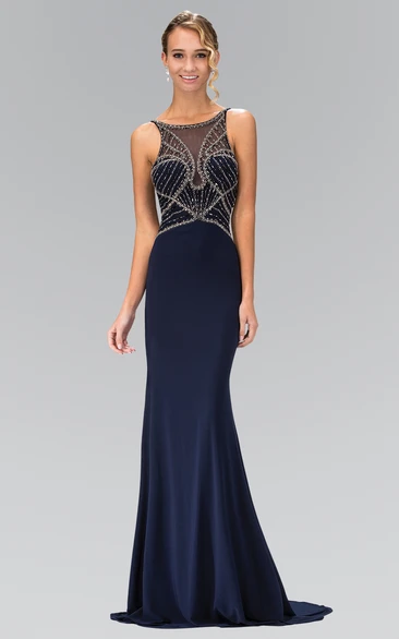 Beaded Sheath Scoop-Neck Sleeveless Jersey Low-V Back Prom Dress