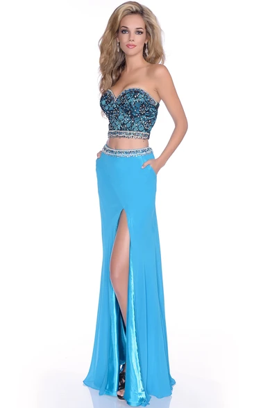 Sweetheart Column Prom Dress Front Slit Shining Bodice Crop Top