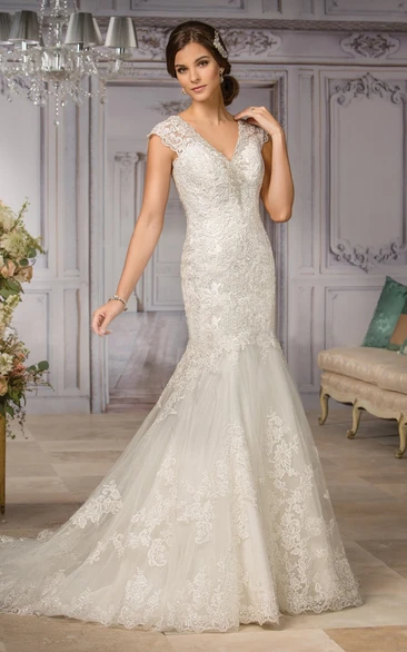 Cap-Sleeved V-Neck Mermaid Gown with Illusion Back Modern Bridal Dress