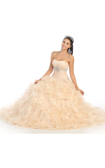 Jeweled Waist Organza Ruffled Ball Gown Dress Strapless Sleeveless