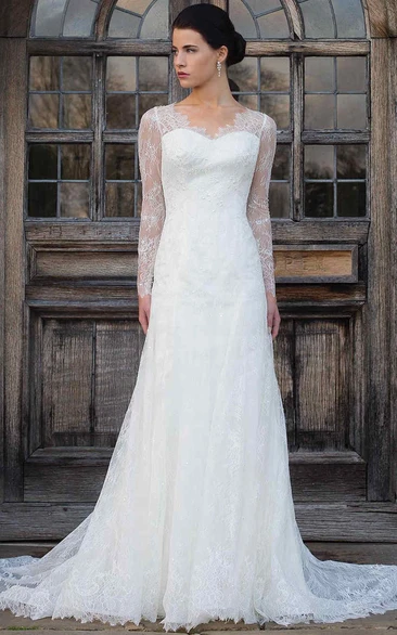 Illusion Long-Sleeve Lace Wedding Dress V-Neck