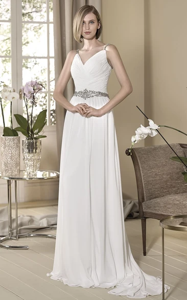 V-Neck Ruched Chiffon Wedding Dress with Waist Jewelry Sleeveless Sheath