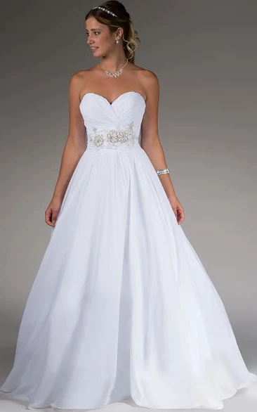 Beaded A-line Taffeta Wedding Dress with Flower Waist