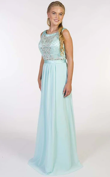 Beaded Scoop-Neck Chiffon Prom Dress Sleeveless Sheath Long