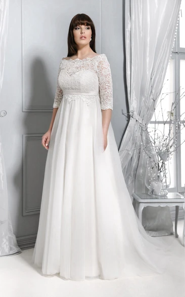 Illusion Half-Sleeve Lace Wedding Dress with Pleated Bateau Neckline
