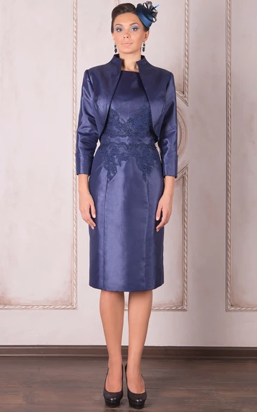 Long Sleeve Satin Knee-Length Mother Of The Bride Dress with Applique