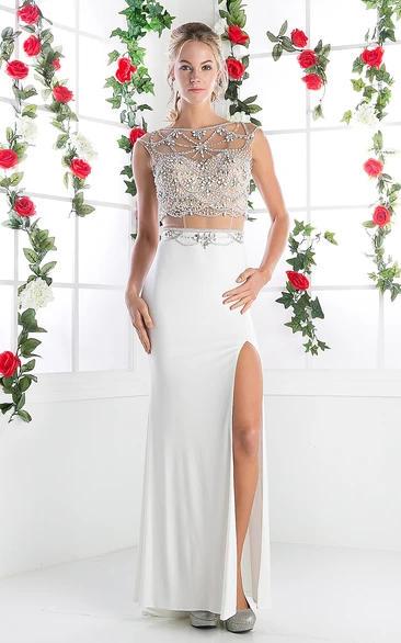 Jersey Cap-Sleeve Sheath Formal Dress with Keyhole and Beading