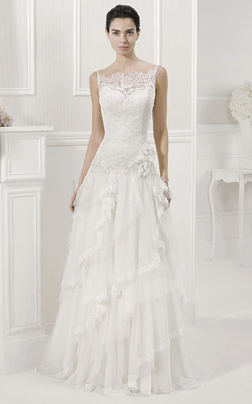 Spaghetti Straps Wedding Dress with Sequined Lace Top and Layered Skirt