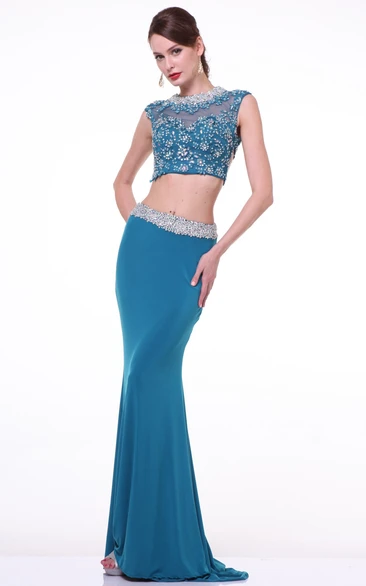 Long Jewel-Neck Sleeveless Jersey Prom Dress with Beading and Pencil Skirt
