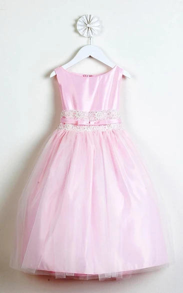 Tiered Tulle Flower Girl Dress with Bow and Sash Tea-Length