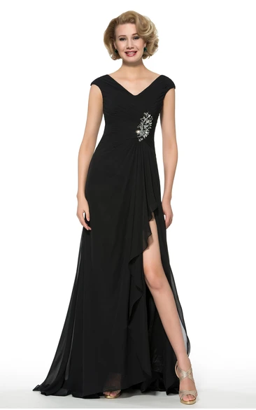 V-Neck Cap Sleeve Chiffon Long Bridesmaid Dress with Front Split and Beading Simple & Elegant