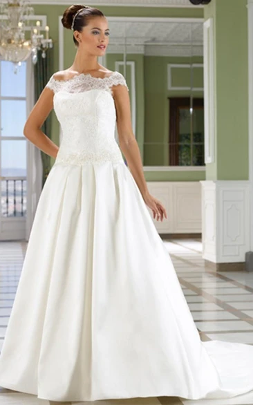 Satin Appliqued Wedding Dress with Court Train A-Line Off-The-Shoulder