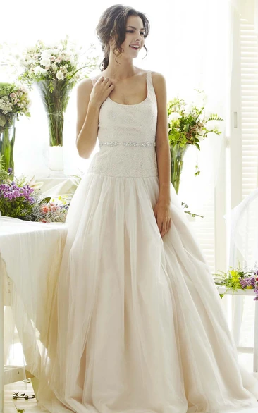 Jeweled Tulle V-Back Wedding Dress with Sweep Train Elegant Bridal Gown
