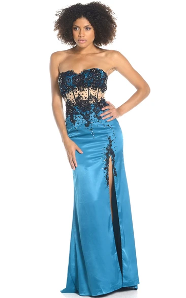 Sheath Sleeveless Sweetheart Satin Prom Dress Classy Long Dress with Appliques