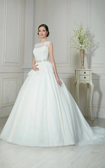 A-Line Tulle Sequin Beaded Wedding Dress with Illusion Neckline