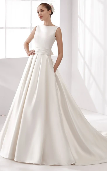 Satin A-line Wedding Dress Cap-Sleeve with Cinched Waistband and Open Back
