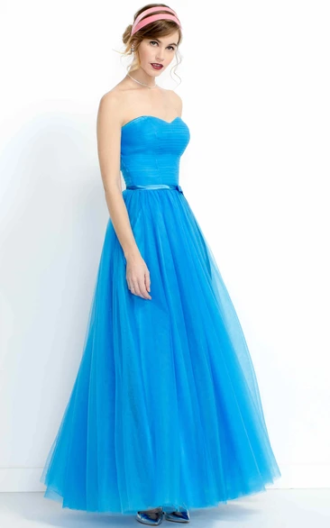 Strapless A-Line Tulle Bridesmaid Dress with Pleated Skirt and Sash