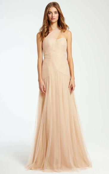 Maxi One-Shoulder Tulle Bridesmaid Dress with Criss-Cross Design and Sleeveless Style