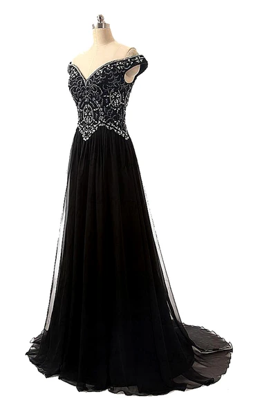 Off-shoulder Chiffon A-line Formal Dress with Beaded Bodice