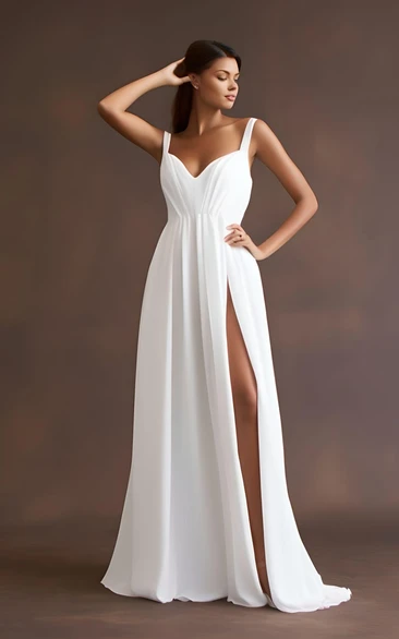 Casual A-Line Chiffon Wedding Dress Split Front Ethereal Modern Floor-length Sleeveless