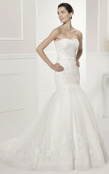 Mermaid Tulle Wedding Dress with Sweetheart Neckline Criss-Cross Back Lace and Belt