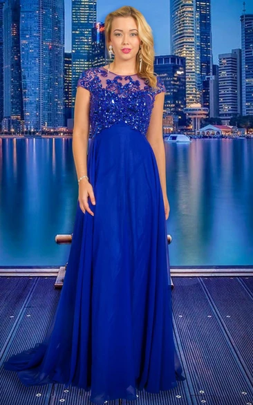 A-Line Beaded Chiffon Prom Dress Floor-Length Scoop-Neck Cap-Sleeve