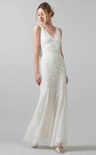 Sequin Sheath Wedding Dress with V-Neck and Low-V Back Floor-Length