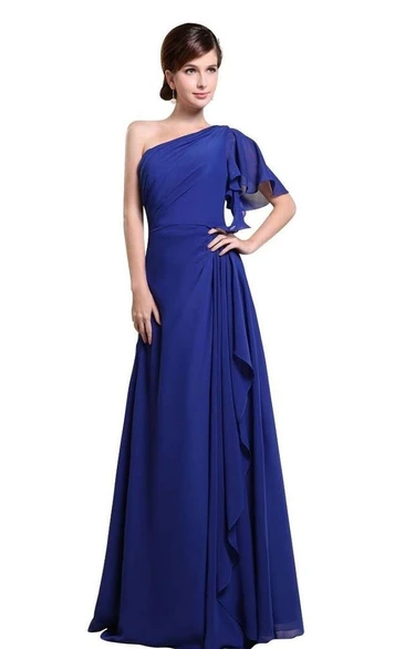 Long Layered Chiffon One-shoulder Draped Prom Dress