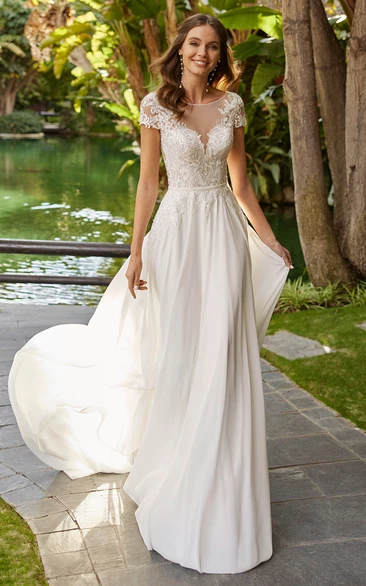 Bohemian A-Line Chiffon Open Back Wedding Dress Casual & Western Bridal Gown Bateau Neckline