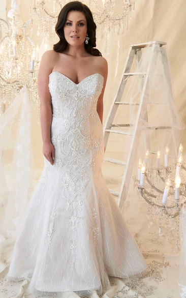 Sweetheart Beaded Tulle Plus Size Wedding Dress with Embroidery Long Sleeveless Sheath