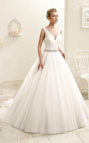 Ruched Bateau-Neck Tulle Wedding Dress with Jewelled Waist Ball Gown Style