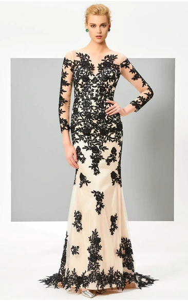 Illusion Mermaid Gown with Floral Appliques 3/4 Sleeve Button Back