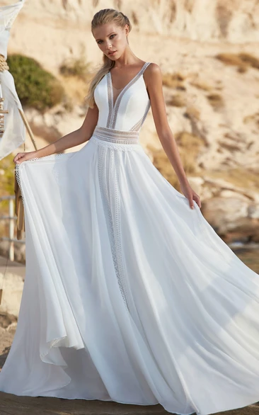 V-neck Chiffon Lace A-Line Wedding Dress with Open Back and Flowers Casual
