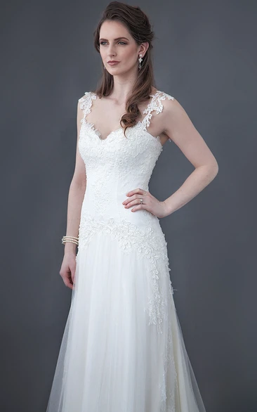 A-Line Lace&Tulle Wedding Dress with Appliqued Sleeveless Floor-Length Spaghetti Low-V Back Brush Train