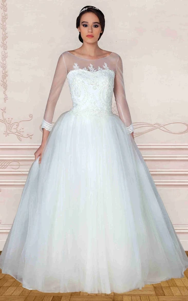 Tulle Long-Sleeve Wedding Dress with Appliques Scoop Neck Sweep Train Illusion Dress