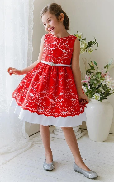 Beaded Floral Lace and Satin Tea-Length Flower Girl Dress with Ribbon Simple Wedding Dress