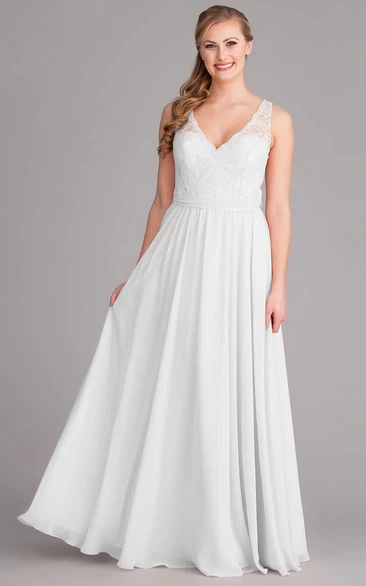 Lace Chiffon Sleeveless V-Neck Wedding Dress