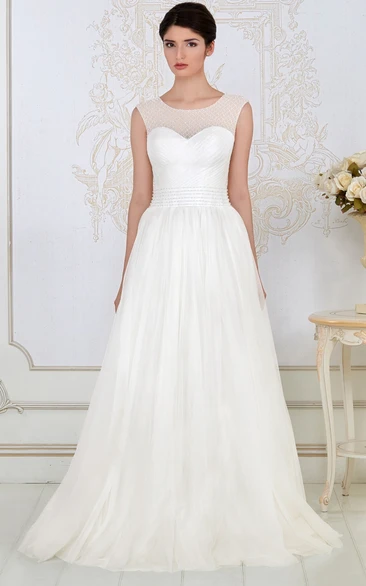 Beaded Tulle A-Line Wedding Dress with Scoop Neck and Criss-Cross Back Floor-Length Bridal Gown