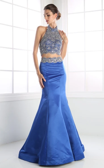 Two-Piece Sleeveless Trumpet Satin Formal Dress with High Neck and Beading