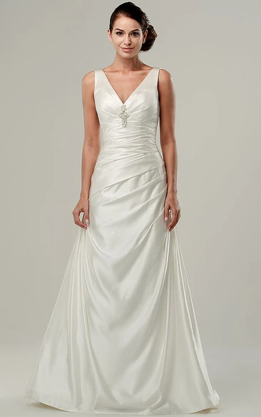 Ruched Sleeveless Satin Wedding Dress with Broach A-Line V-Neck Bridal Gown