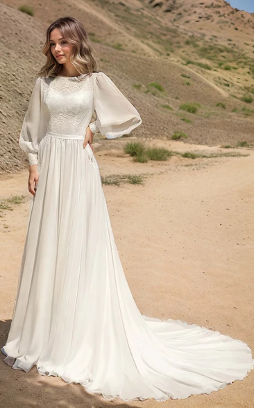 Casual Modest Rustic Long Sleeve A-Line Bateau Neck Wedding Dress Gowns with Train