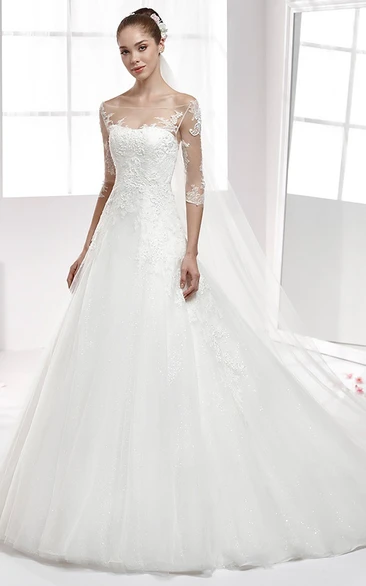 Lace Off-Shoulder A-Line Wedding Dress with Half Sleeves and Illusive Style