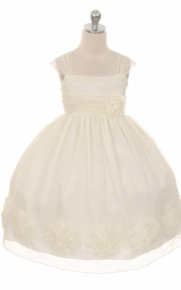 Pleated Empire Flower Girl Dress with Floral Design Tea-Length