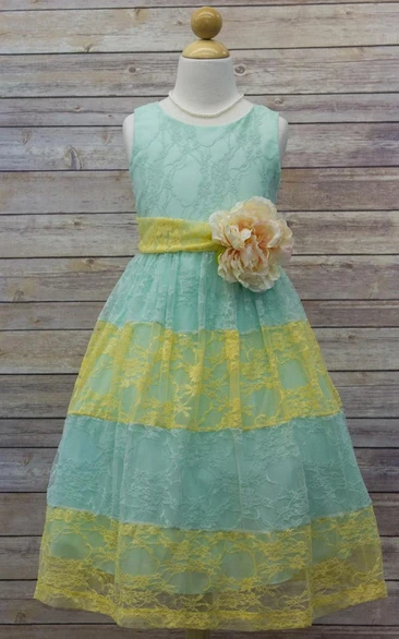 Lace Tea-Length Floral Flower Girl Dress with Tiered Skirt