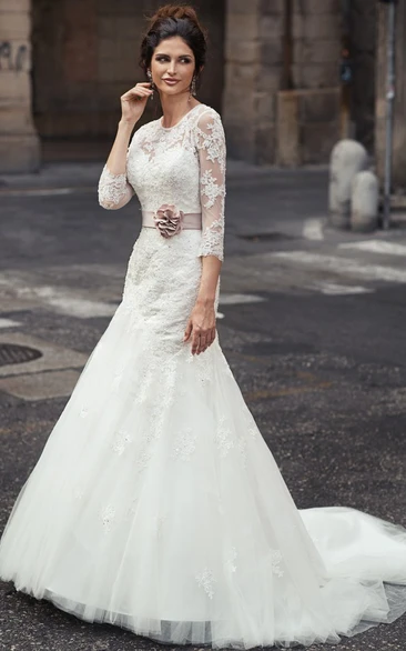 Lace&Tulle Maxi Wedding Dress with 3-4-Sleeves and Flower Unique Wedding Dress