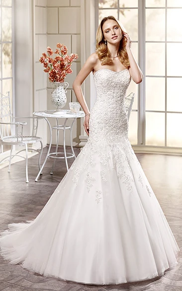 Long Beaded Tulle Trumpet Wedding Dress with Sweetheart Neckline and Appliques