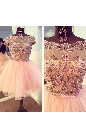 Beaded Tulle Formal Dress with Bateau Neckline and Ruffled Skirt